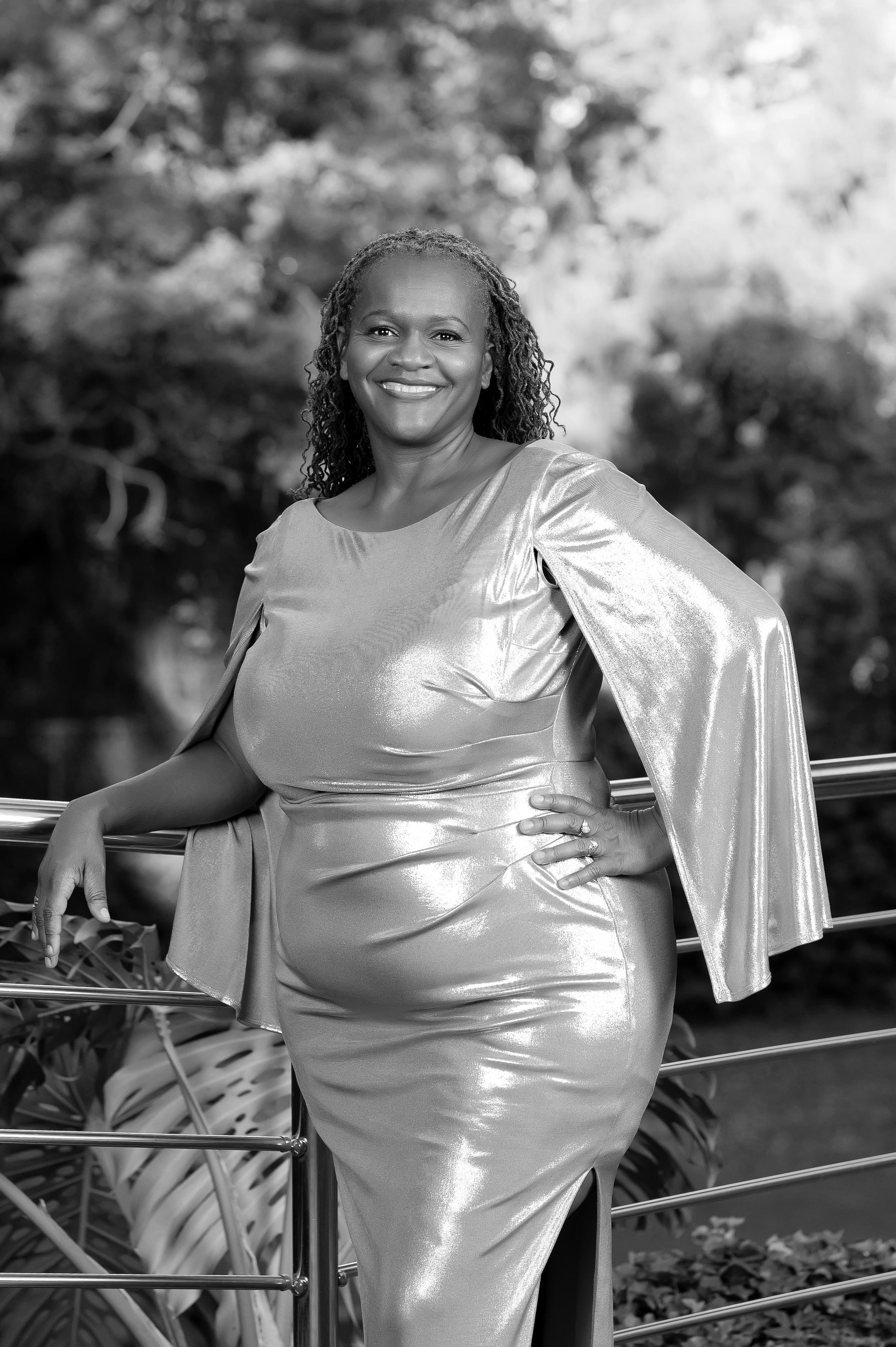 Clara Mlambo in a black-and-white outdoor portrait.